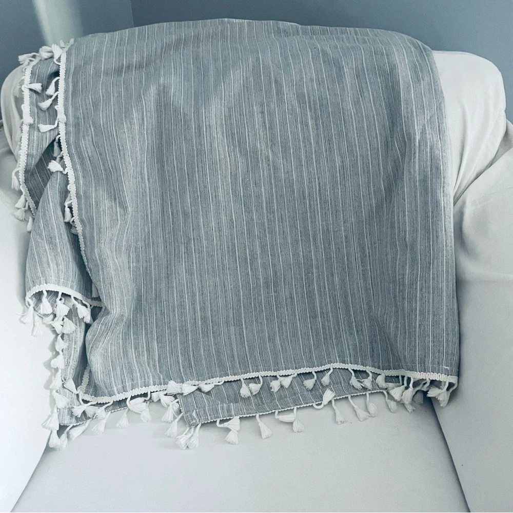 Boho Fringe tassel woven Gray and white stripes Tablecloth or throw blanket
